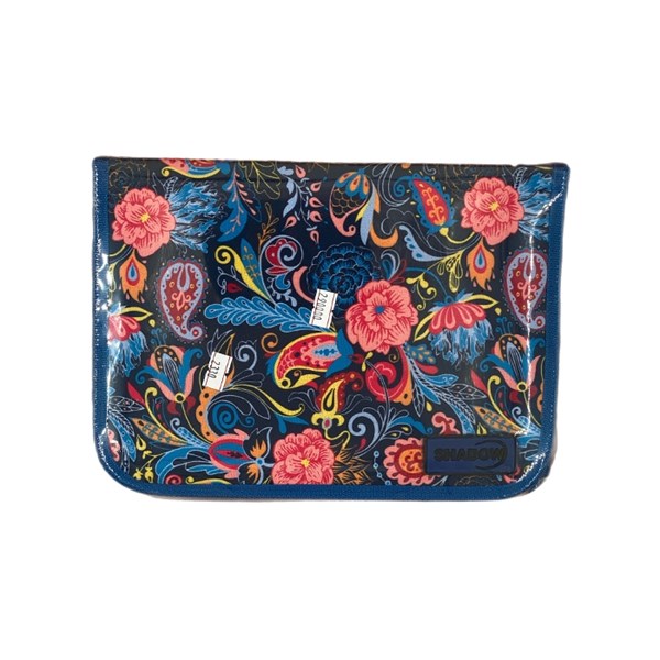 Fabric pencil case with 48 colors and a blue floral design